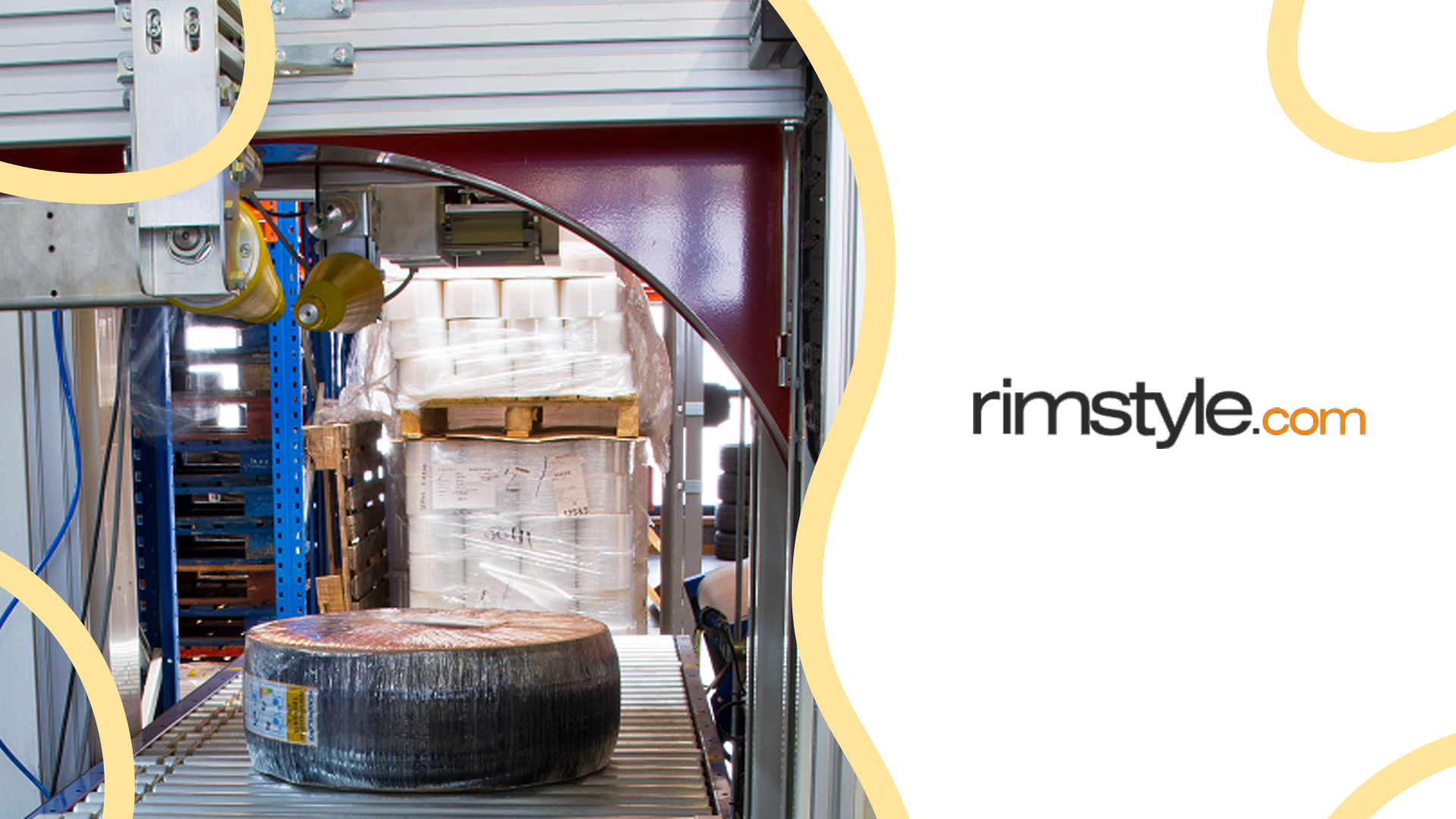 Wrapped tyre on conveyor belt alongside Rimstyle logo